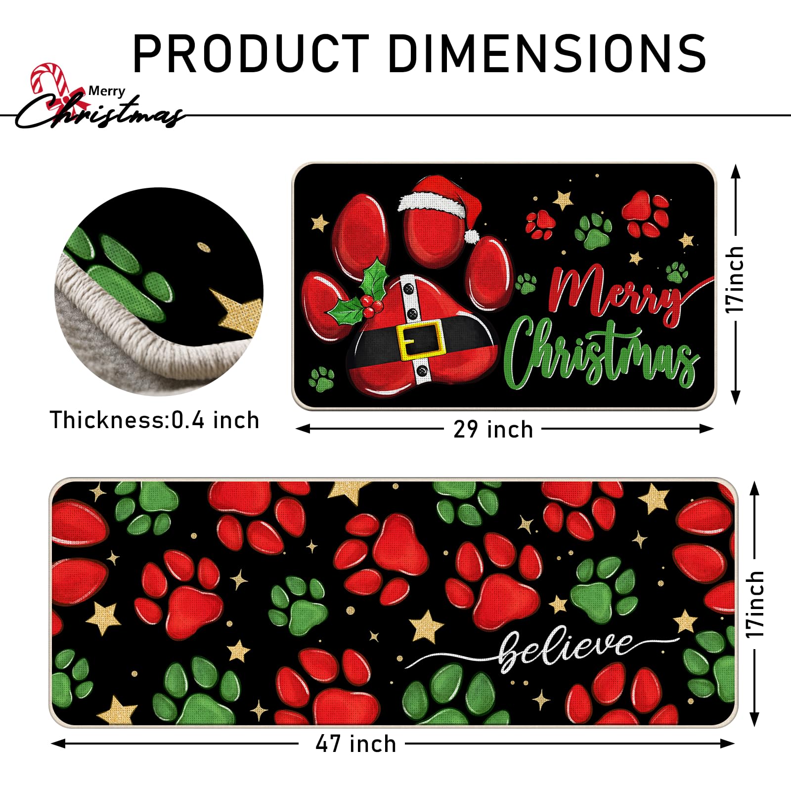 Tailus Merry Christmas Dog Cat Paw Prints Kitchen Rugs Set of 2, Xmas Believe Stars Kitchen Mats Decor, Funny Winter Holiday Floor Door Mat Home Decorations Pet Lover Gifts - 17x29 and 17x47 Inch