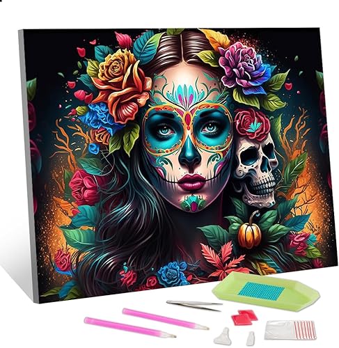 TISHIRON Kits de pintura de diamantes para manualidades, kits de diamantes para adultos, Día de los Muertos, kits de pintura 5D para adultos, flores