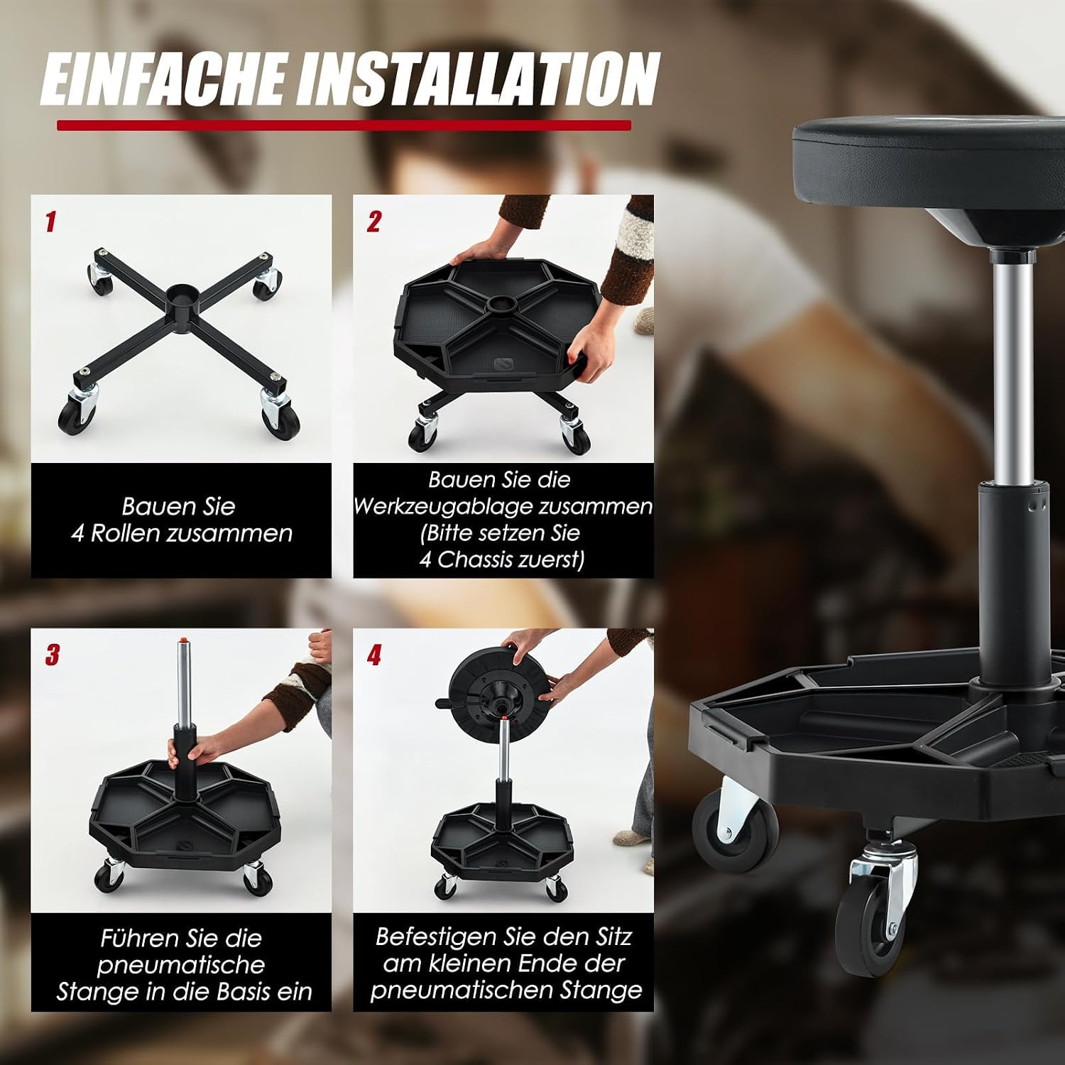 FANATSK Adjustable Roller Seat, 41-55 cm Height Adjustable, Rolling Stool with Shelf & 4 Universal Wheels, Work Stool with Shelf & 4 Universal Wheels for Tools, Black