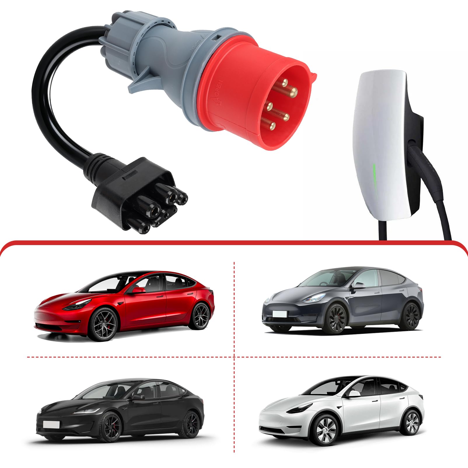 Adaptador CEE compatible con el adaptador Tesla de 5 pines y 32 A, juego de adaptadores CEE de 5 pines para cargadores de pared/VE móviles, cable de extensión C-EE, IP44 para uso en exteriores (5 pine