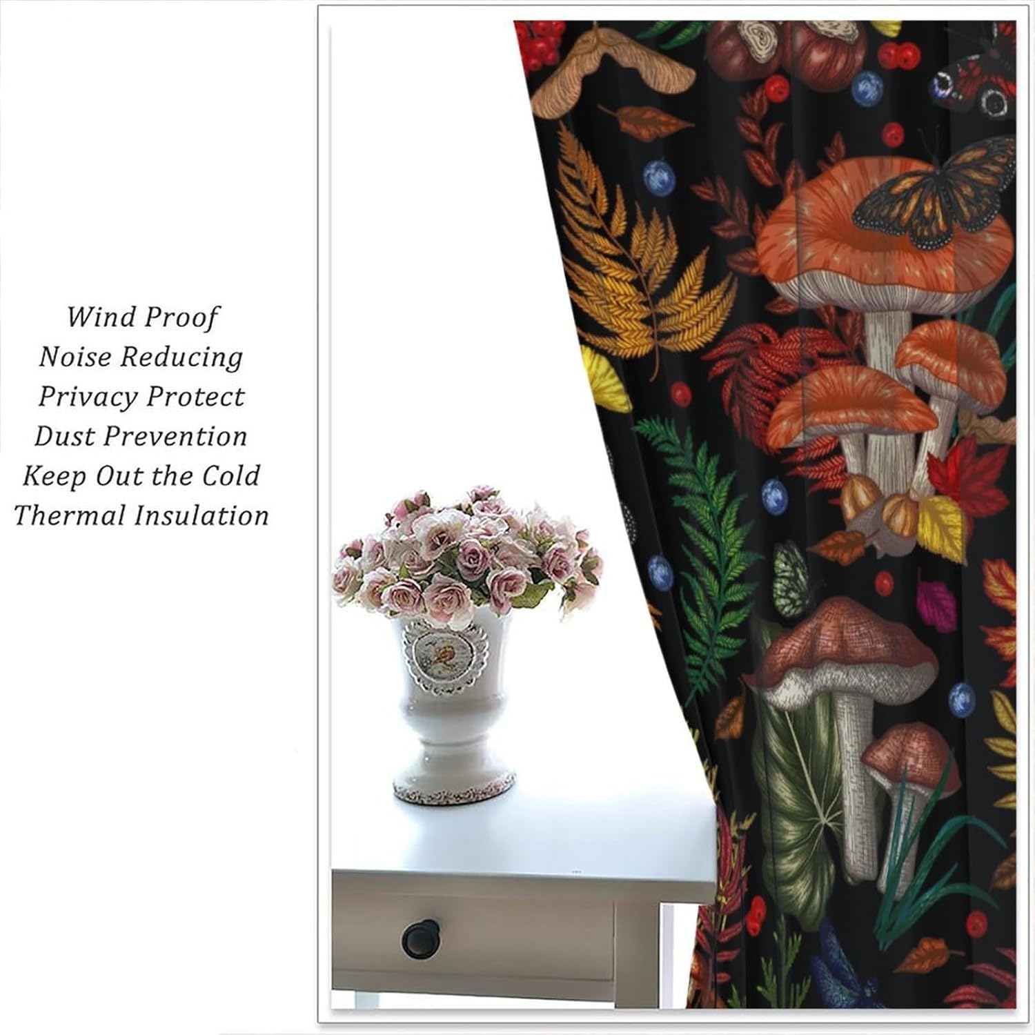 Nature Mushroom Blackout Curtain, Retro Floral Plant Forest Boho Window Curtains Home Decor for Office Bedroom Living Room Kitchen Dining Room Cafe Drapes, 42x63 in
