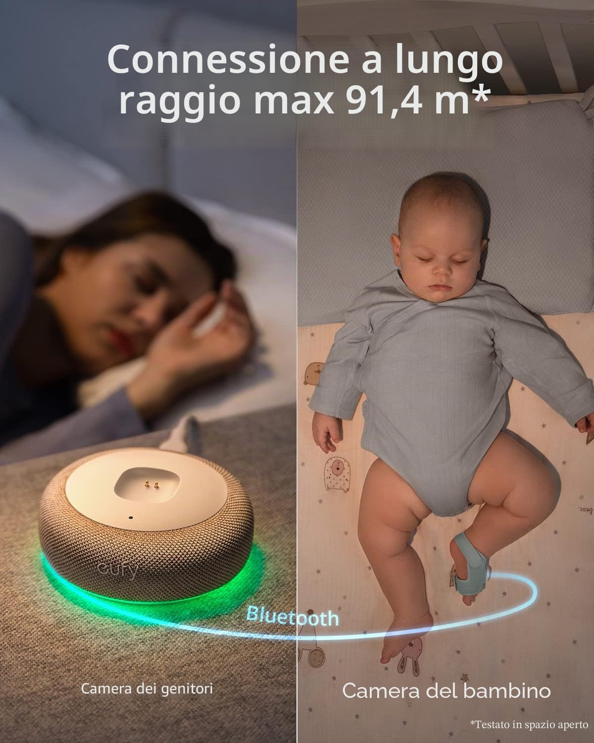 Calzini Intelligente eufy Baby S340, baby monitor Wi-Fi 2,4 GHz, monitoraggio del sonno, ritmo cardiaco, ossigeno nel sangue, telecamera 2K, rilevamento IA del Pianto, Panorama e Inclinazione, senza