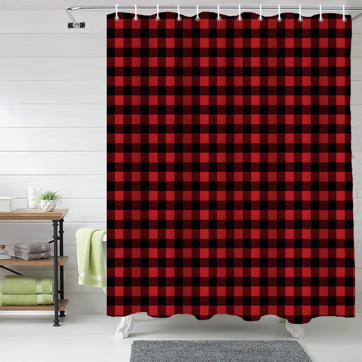 Vandarllin Extra Long 72x84 Inches Shower Curtain Washable,Water Repellent,Rustic Red Black Buffalo Check Plaid Pattern Print