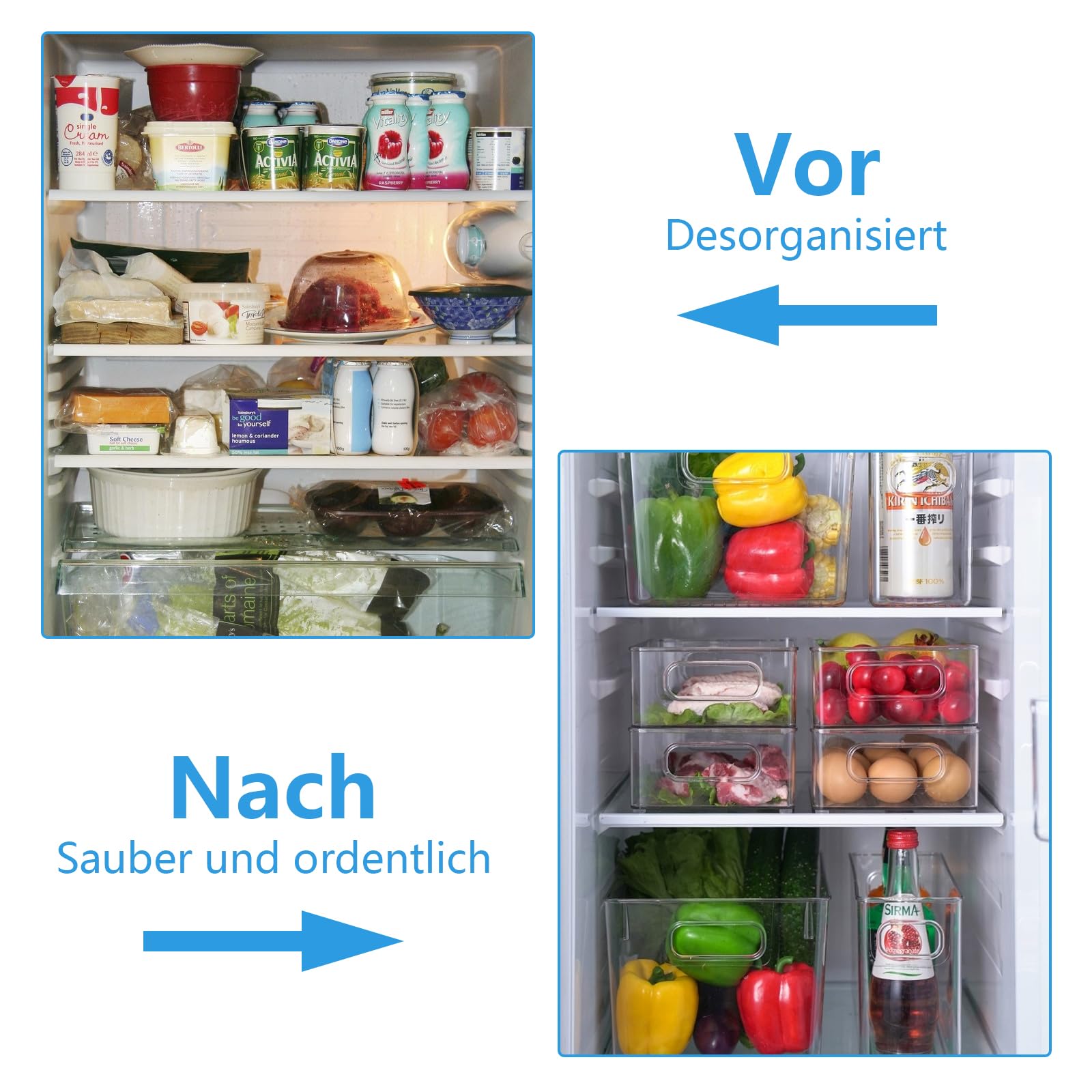 VINGAA Koelkast Organizer Bakken, Stapelbare Koelkast Organizer Bins-met Deksels & Handvat, Plastic Koelkast Opbergdoos, Groente Organizer voor Koelkast, Koelkast Organizer-met Verwijderbare Vergiet