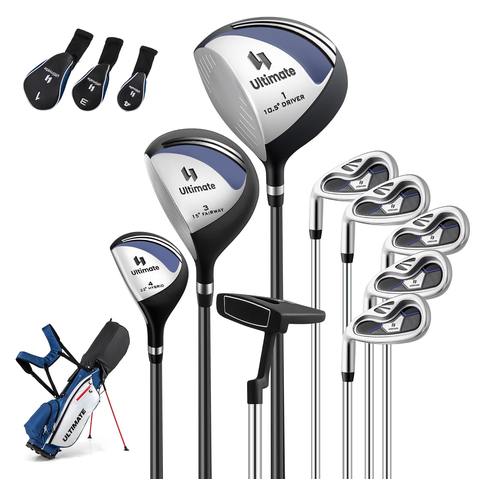 GYMAX komplettes Herren Golfschläger Set, 9 teiliges Linkshänder-Golfset mit Standtasche, 1# Aluminium-Driver, 3# Fairwayholz, 4# Hybrid, 6-9# Eisen, P# Zink-Eisen, Putter