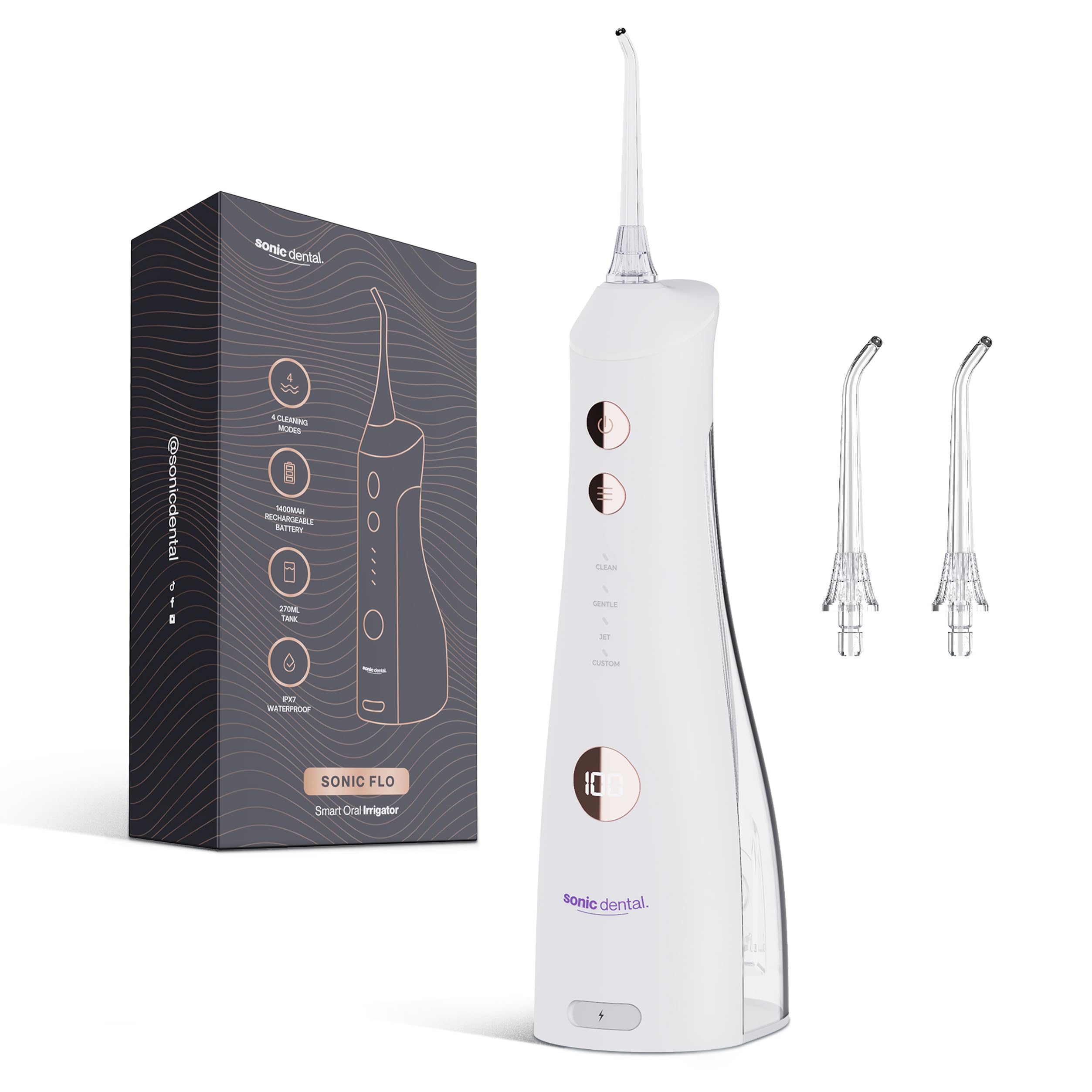 Sonic Flo - Irrigador dental inalámbrico para dientes, encías, aparatos ortopédicos, cuidado dental - IPX7 impermeable, tanque desmontable de 270 ml, pantalla inteligente, batería de 40 días, 4 modos