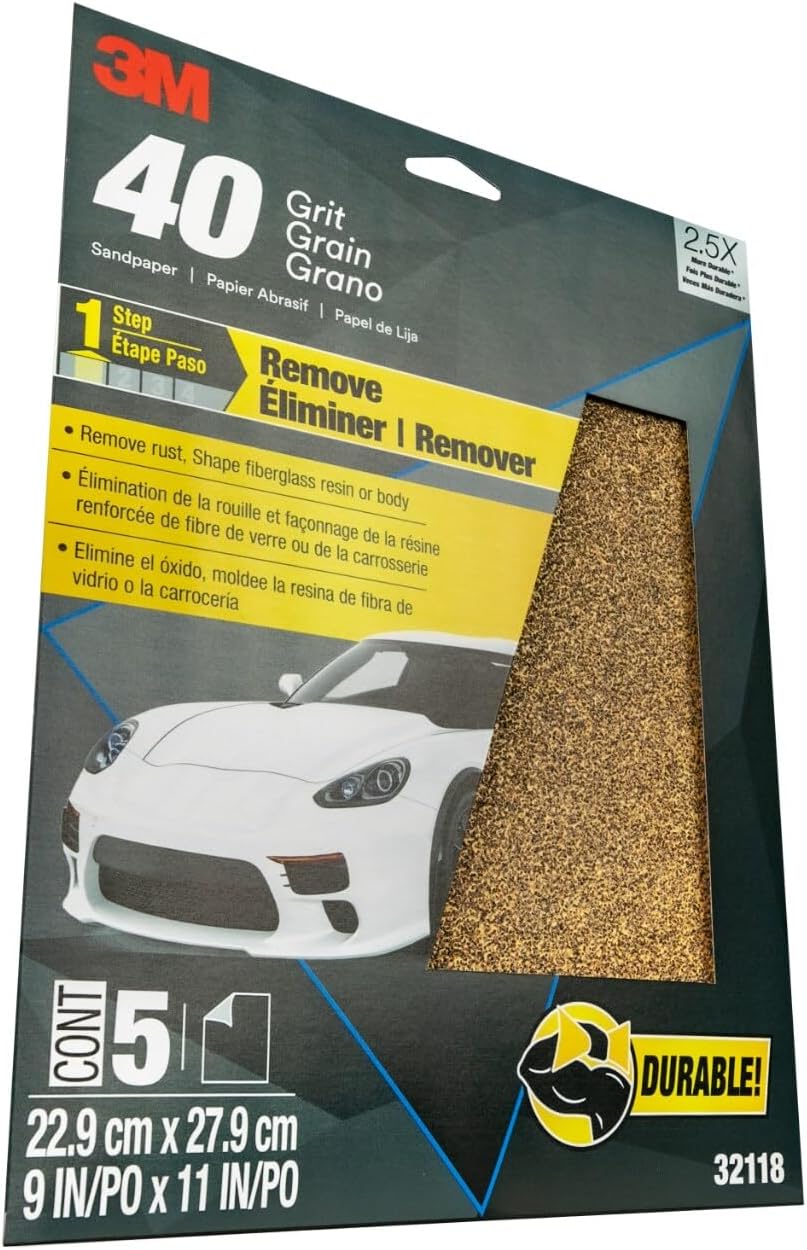 3M Sandpaper, 32118, 40 Grit, 9 in x 11 in, 5 Sheets Per Pack