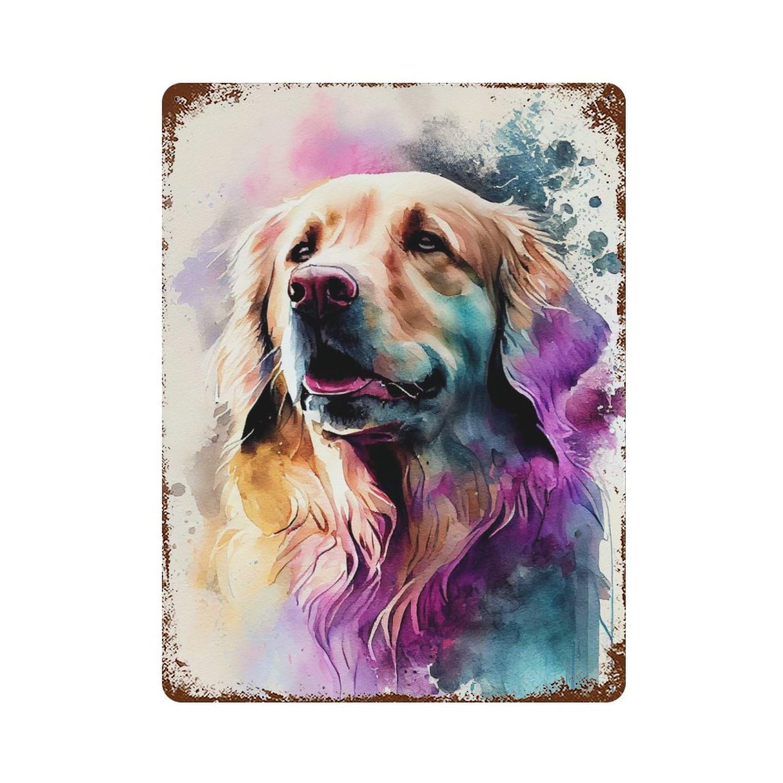 Aged Metal Wall Plaque with Golden Retriever Watercolo Design 15.7"x11.8", for Basement, Hobby Room And Garage Decor, Farmhouse Wall Decor