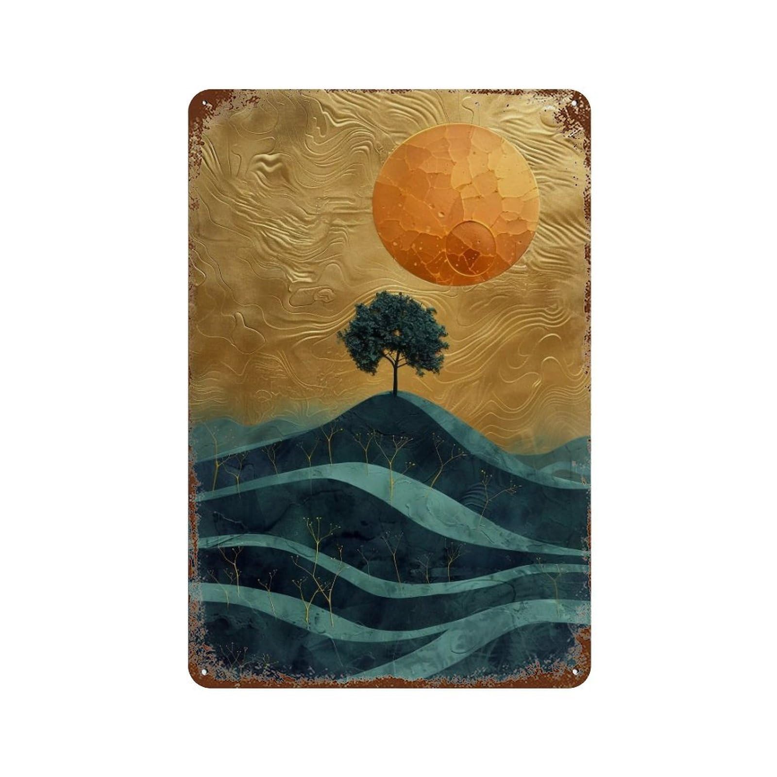 Wihyrtui Style Teal Layered Papercut Gilded Moon Mountain Forest 03 Wall Retro Iron Metal Tin Sign Vintage Art Poster Modern Home Cofffee Club Art Bar Shop Decor 30X20cm