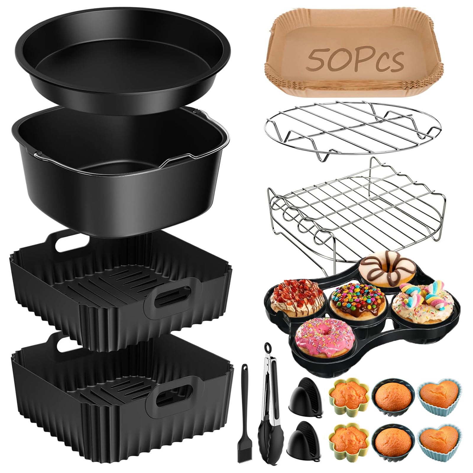 Akcesoria do frytkownicy powietrznej COSORI Turbo Tower Pro 10,8L Double Stack – 18 szt. w tym 2 niestandardowe silikonowe formy do frytkownicy powietrznej (6,5L+4,3L), ruszty, forma do pączków