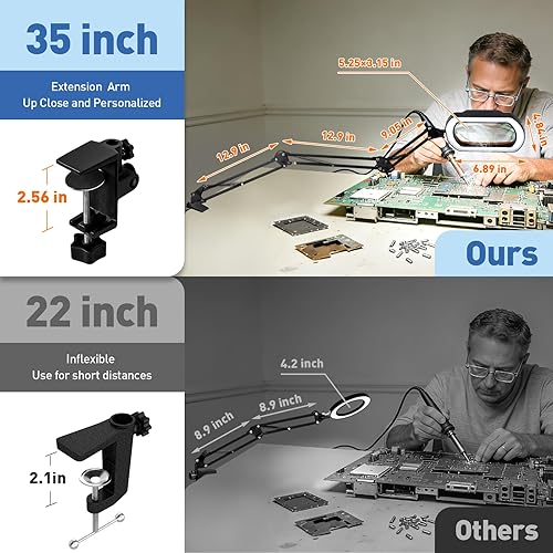 Miniatura 4 de HITTI Lupa cuadrada 12X con luz y abrazadera, lámpara de escritorio LED de brazo de 3 secciones ultra larga, 5 colores y atenuación continua,