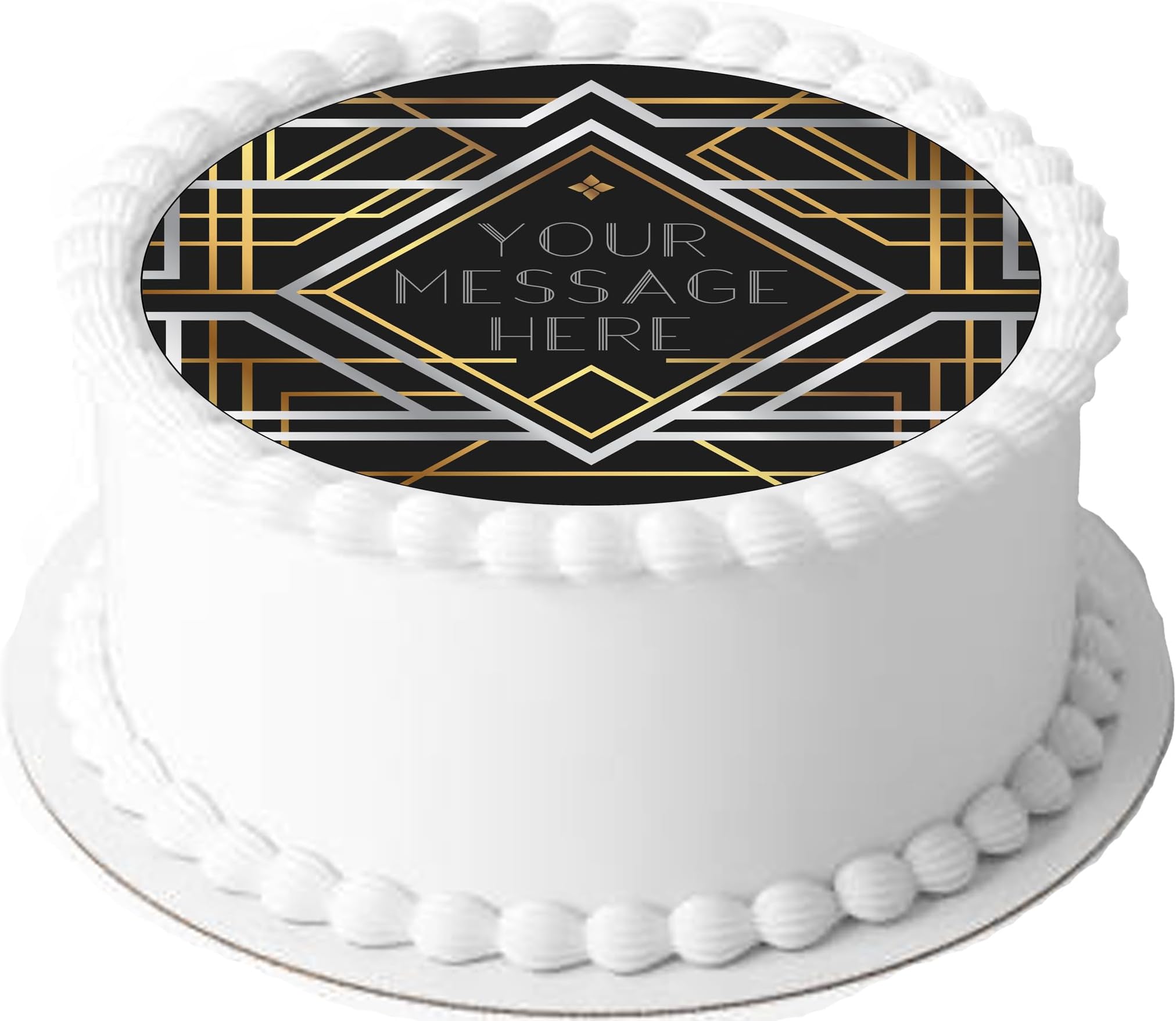 A4 Edible Decor Icing Sheet PERSONALISED Art Deco Black Gold Silver 7-8" Circle Cake Topper Decoration - Great for larger cakes