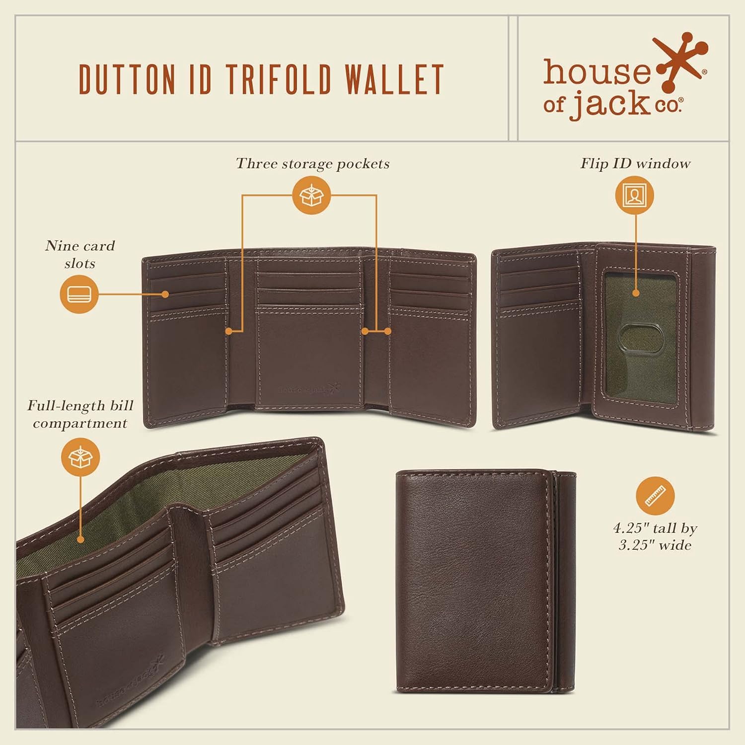 House of Jack Co. Dutton RFID Trifold Wallet for Men with Flip Out ID, Full Grain Cowhide Leather Wallet, Brown - Image 4