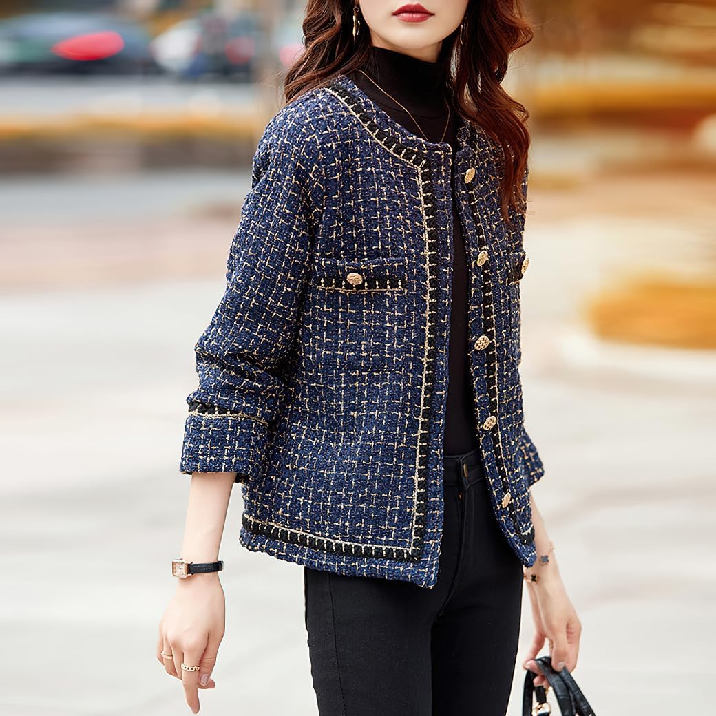 chouyatou Women’s Fall Elegant Business Casual Plaid Tweed Blazer Jacket Open Front Dressy Tweed Suit Top