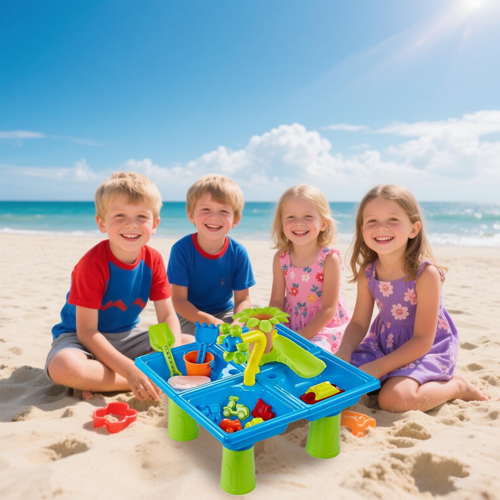 Table D'Activité Eau Et Sable Pour Enfants - Bac à Sable Plage 24 Accessoires, Jeu Éducatif Extérieur Intérieur Jardin Plage