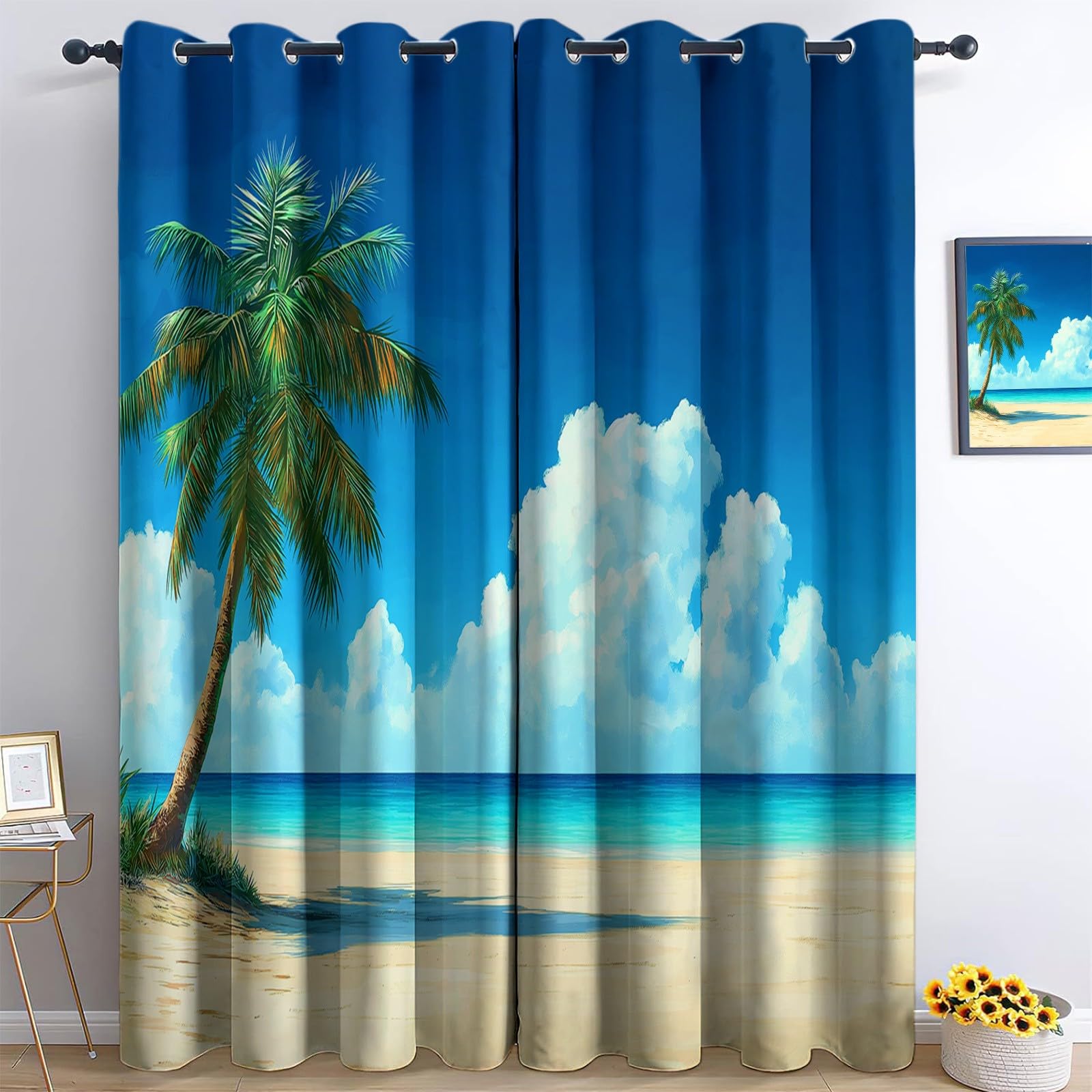 Générique Rideau Occultant Plage Palmiers Ciel Nuages, Rideaux Isolant Thermiques et Phonique - Draperies Oeillets Anti Froid Jaune pour Salon Chambre Fenêtre Décoration 110L x 215H cm 2 Panneaux