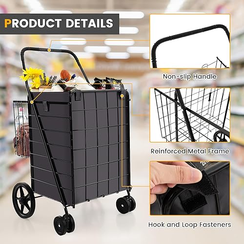 Miniatura 4 de Safstar - Carrito de compras con bolsa Oxford Liner, carrito de compras plegable de 27 galones con ruedas, cesta doble, capacidad de peso de 330