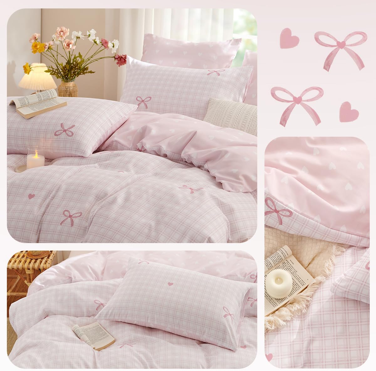 Gingham Comforter Set Twin Size,2 Pieces Pink Plaid Bow Ties Comforter Bedding Sets Reversible Pattern for Girls Kids,Cozy Breathable Microfiber Comforter and 1 Pillowcase - Image 5