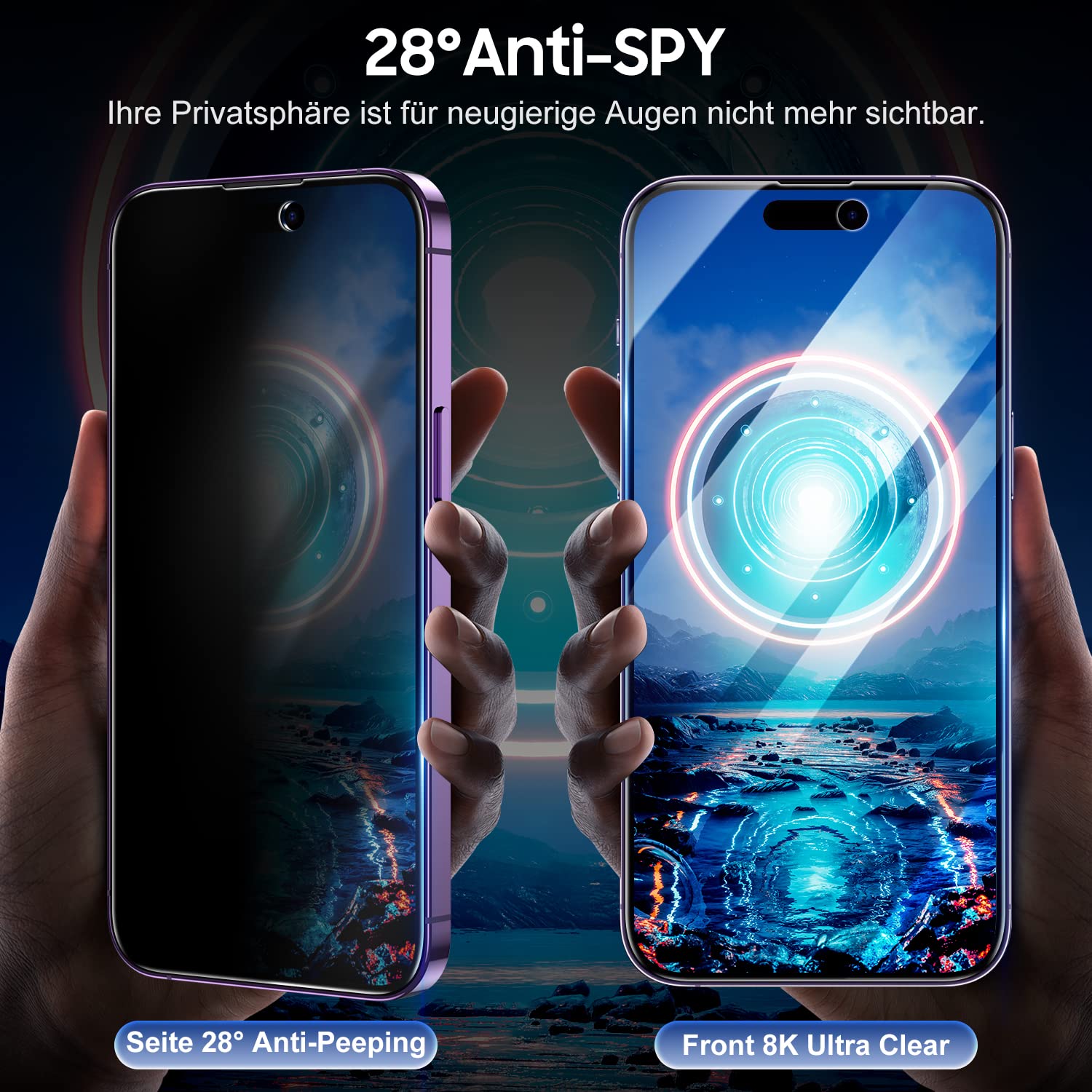 UniqueMe für iPhone 14 Pro Sichtschutz, 2 Stück Sichtschutzfolie und 2 Stück Kameraschutz,Anti-Spy folie Privacy Schutzglas Schutzfolie, 9H Härte, Kratzfest
