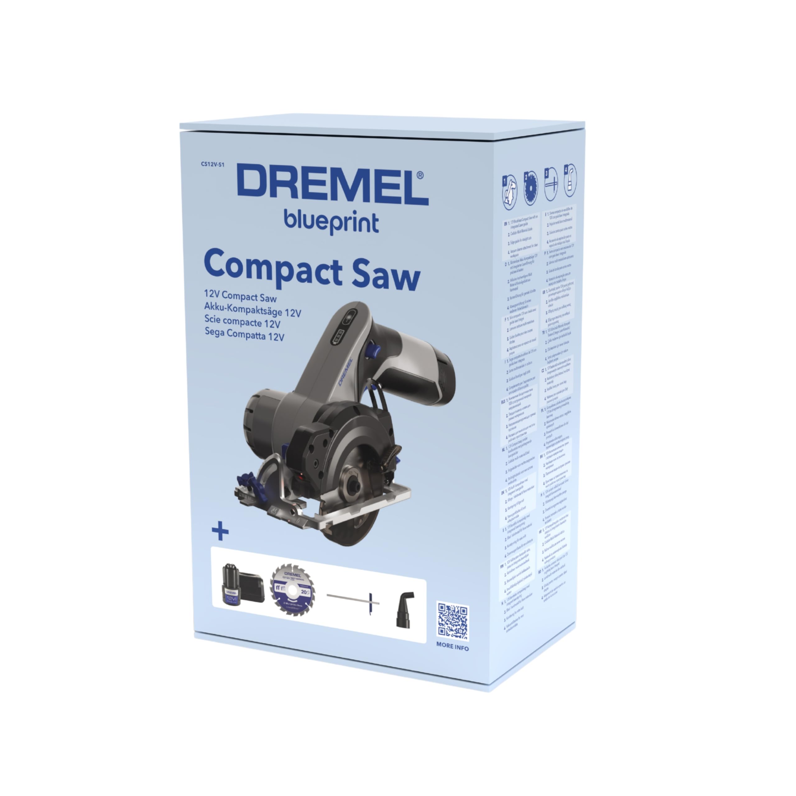 Dremel Blueprint CS12V-S1 akumulatorowa piła tarczowa z silnikiem bezszczotkowym z laserową prowadnicą liniową, prowadnica do cięcia ukośnego, 1 wielomateriałowa piła tarczowa, 1 akumulator 2,0 Ah +