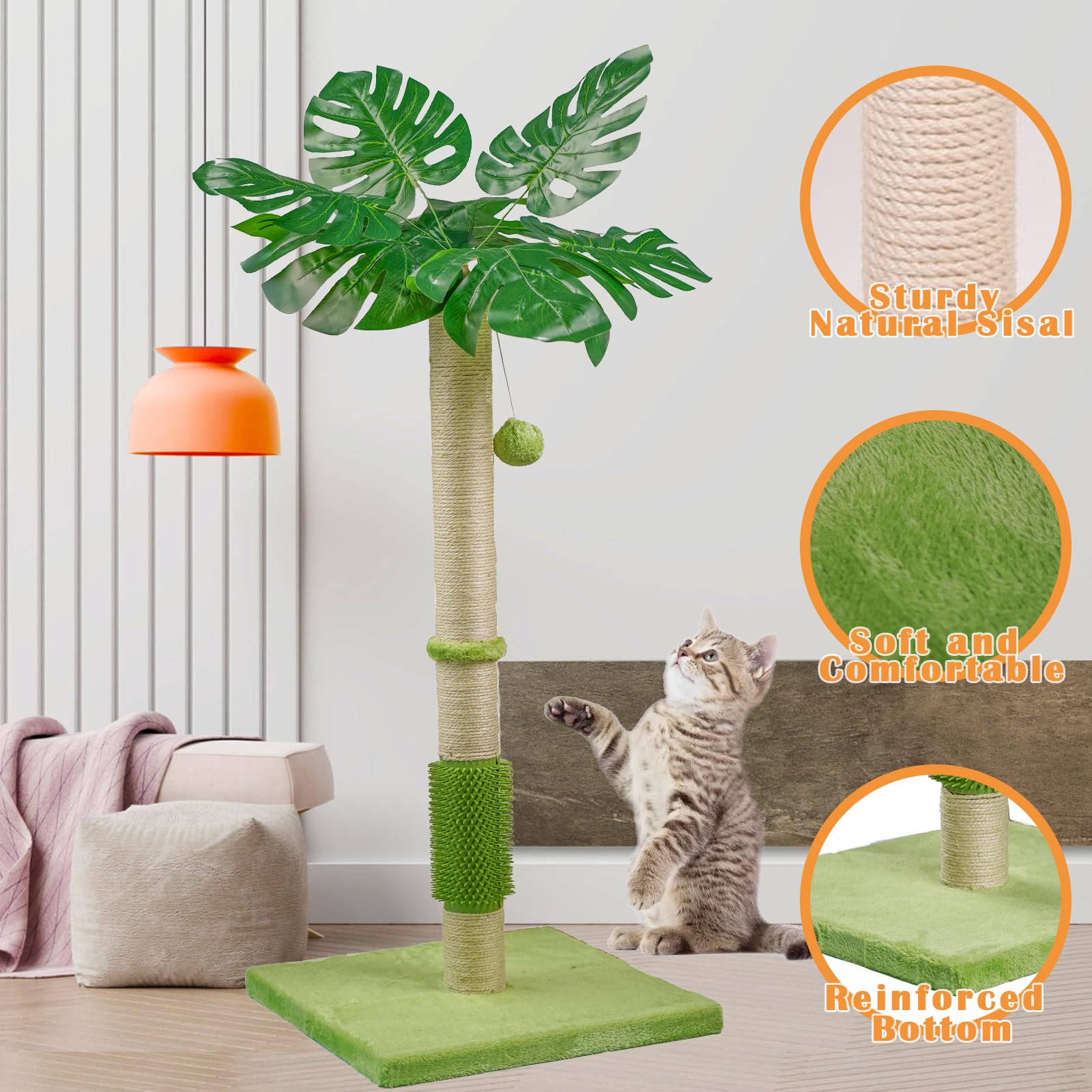 MeowHomm Kratzbaum, Katzenspielzeug Monstera Deliciosa für Indoor-Katzen mit natürlichem Sisal-Kratzstab, hängenden Sisalseilen und Bällen, niedlicher 101,6 cm hoher Katzenkratzer für große Katzen und