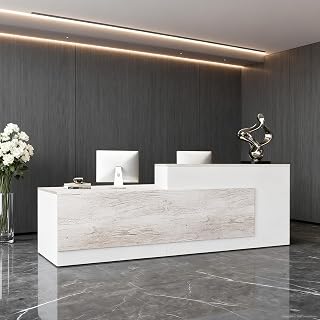 Modern L-Shaped Reception Desk with Hutch, Reception Counter Table, Lockable Drawer Door Cabinet, Office Wooden Computer Front Desk (Oak+Warm White-Right Cabinet, 102L*24" W*41" H)