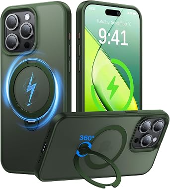 360 Magnetic Stand for iPhone 15 Pro Max Case, [Compatible with MagSafe] Build-in Invisible Ring Kickstand, Shockproof Slim Translucent Matte Phone Case for iPhone 15 Promax, Green