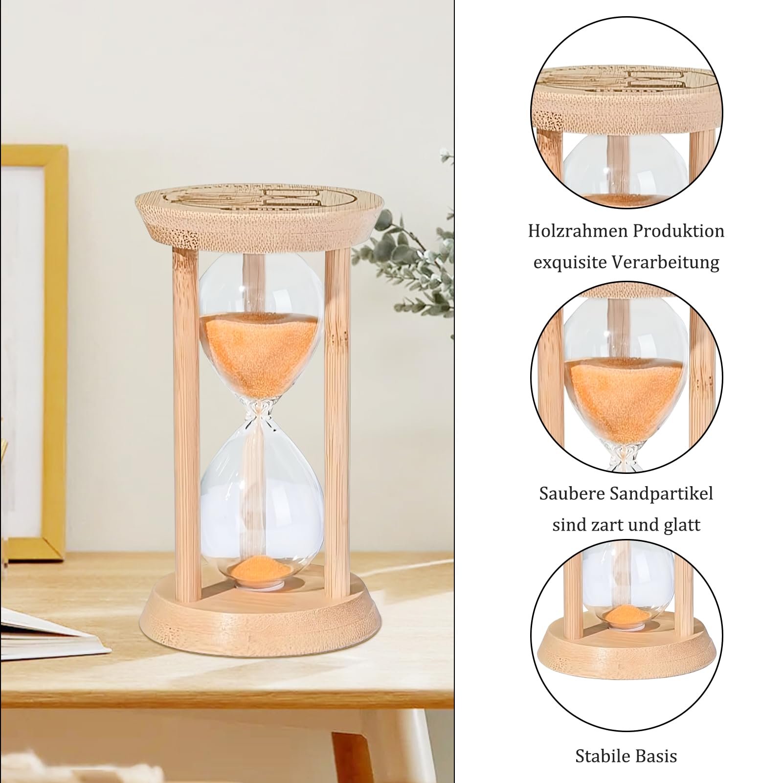 Houten Zandloper - Glastimer 10 Minuten, Kleurrijk en Lichtgevend, 13,5 cm x 7,5 cm, Nachtlicht, Timer voor Koken en Tafeldecoratie