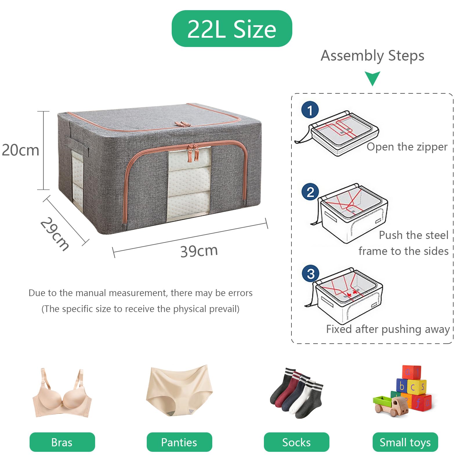 Douzi Confezione da 2 contenitori pieghevoli con telaio in acciaio per stoccaggio vestiti, trapunte, biancheria da letto, giocattoli, con cerniera robusta e finestra trasparente, 22 litri
