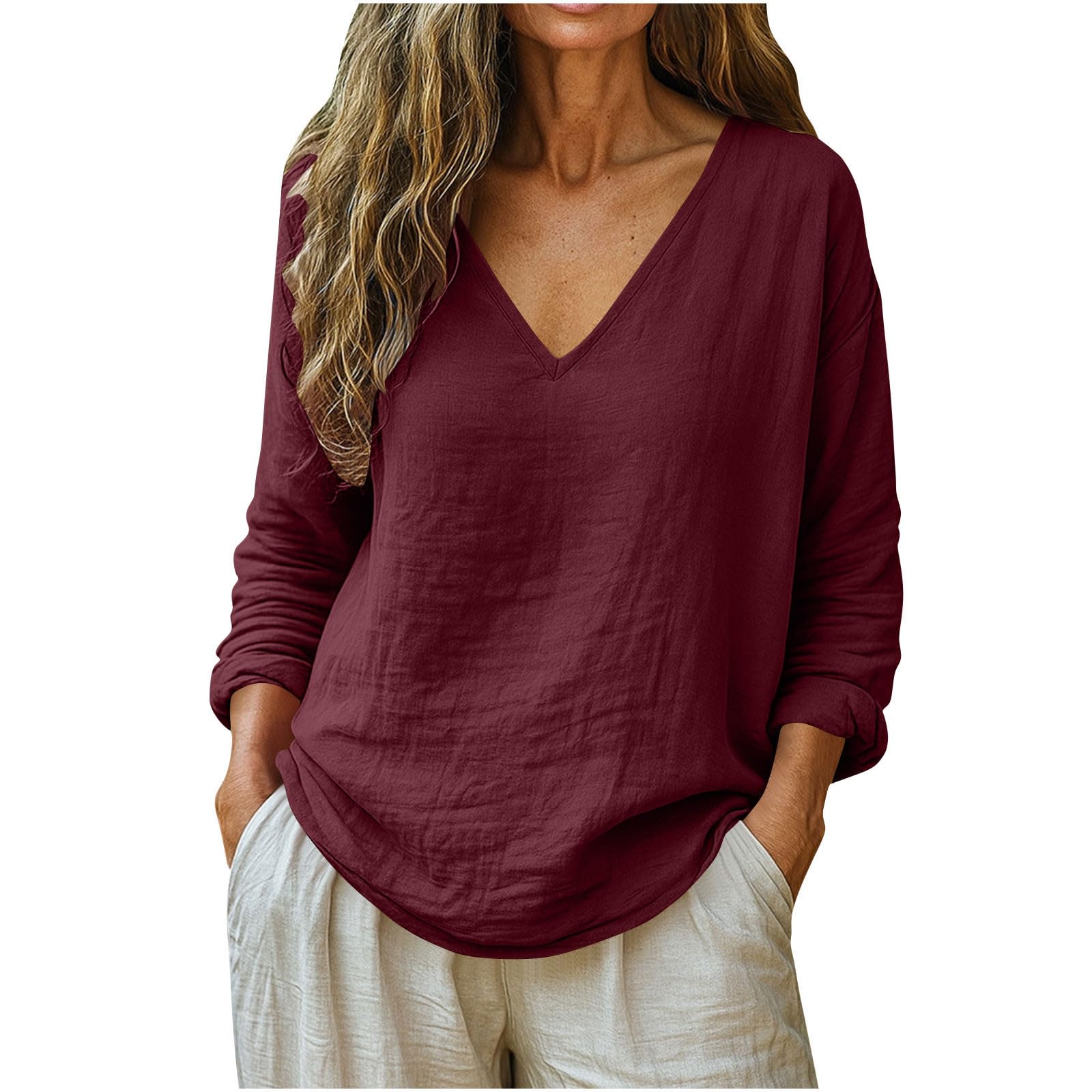 Linen Shirts for Women Long Sleeve V Neck Loose Tops Summer Beach Boho Casual Peasant Blouse — view 7