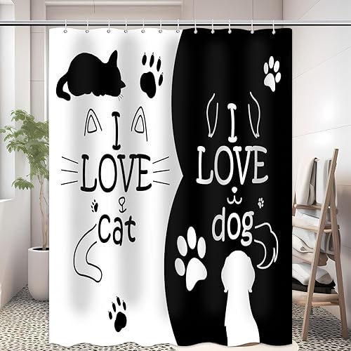 Miniatura 5 de Yieldeer Cortina de ducha en blanco y negro con texto en inglés "I Love Cat Dog" para baño, divertido juego de cortina de ducha con estampado de