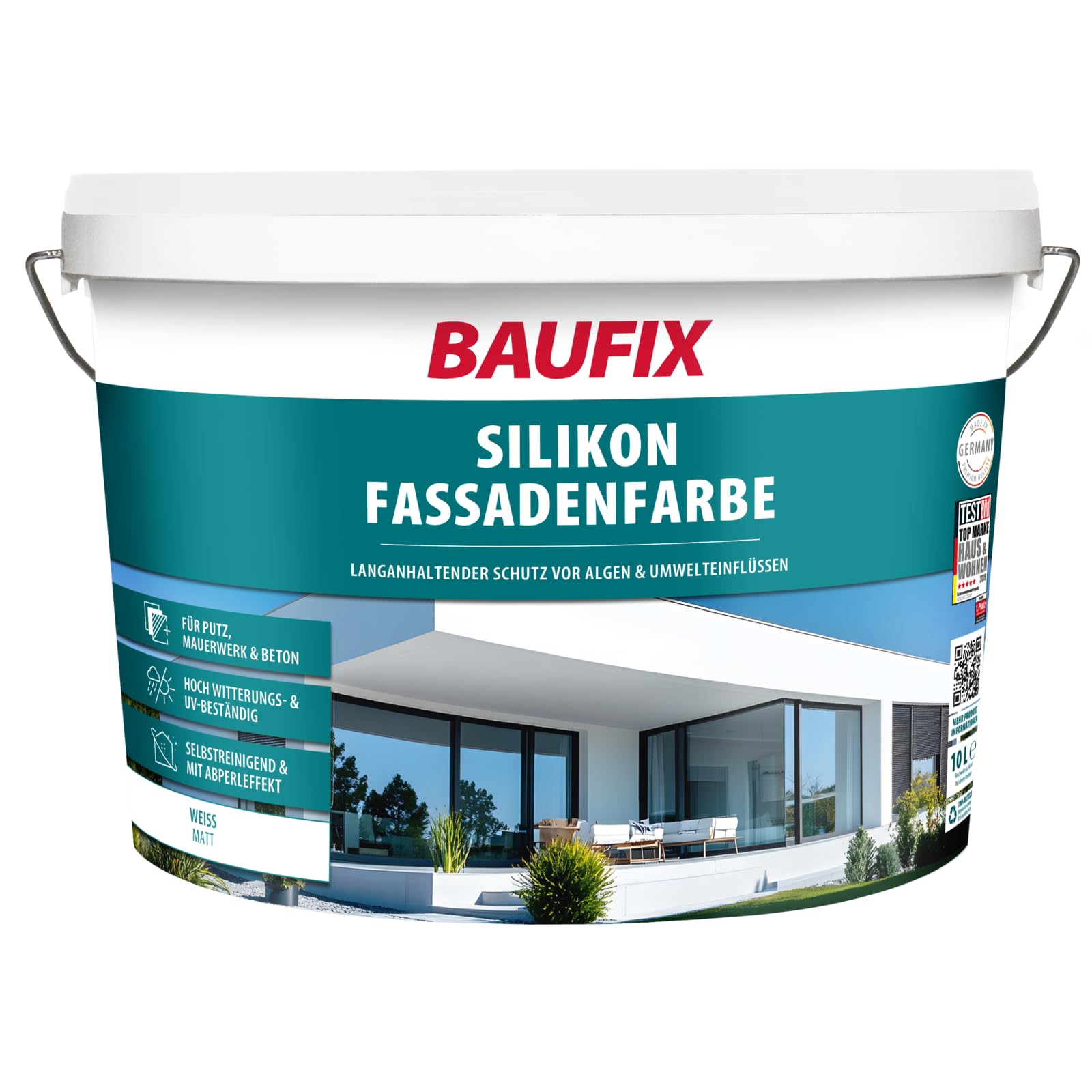 BAUFIX Silikon Fassadenfarbe weiss, matt, 10 Liter, Außenwand Farbe, selbstreinigend mit Lotuseffekt, dauerhaft weiß, mit Anti-Grün Algenschutz