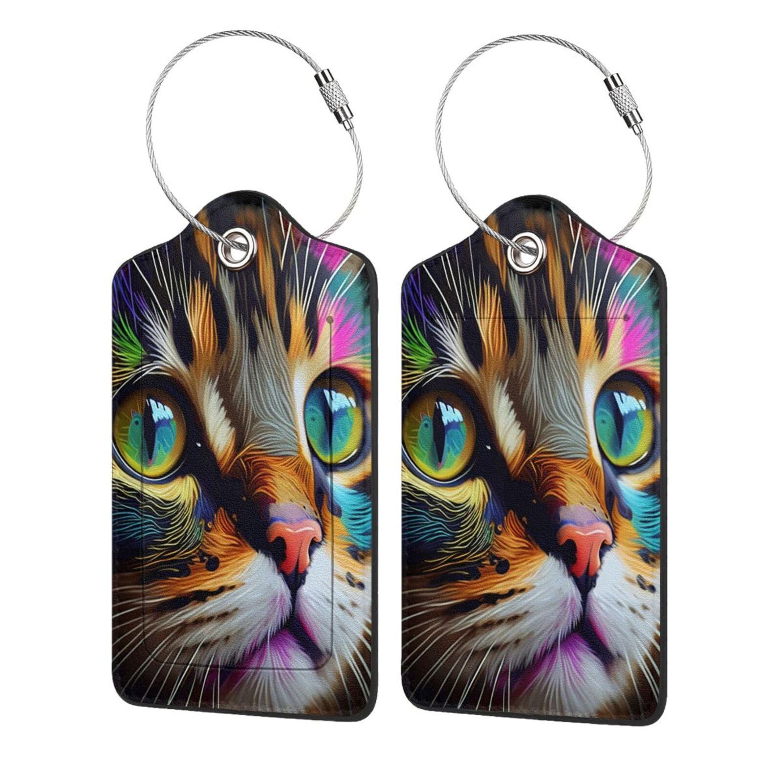 2 Pack Luggage Tags for suitcases Cute Cat Luggage Tag, Leather Stainless Steel Loop Label Tag for Men Women Travel Bag Suitcase(cat face)