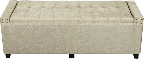 Miniatura 32 de Adeco Otomana de almacenamiento, banco tapizado rectangular de piel sintética con patas de madera, reposapiés, mesa de café para sala de estar,