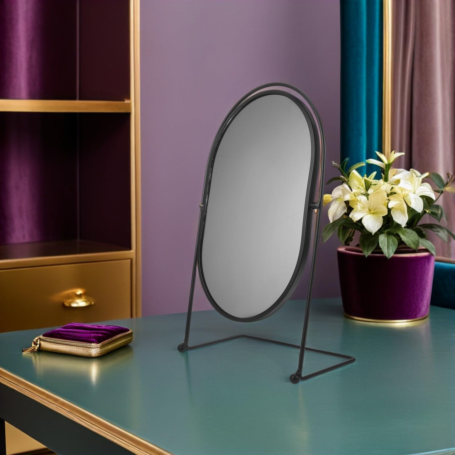 TOPBATHY Espejo de Maquillaje Ovalado Giratorio Grande con Soporte Metálico Espejo de Tocador HD para Dormitorio y Escritorio para Niñas y Estudiantes Adecuado para Maquillaje y Cuidado