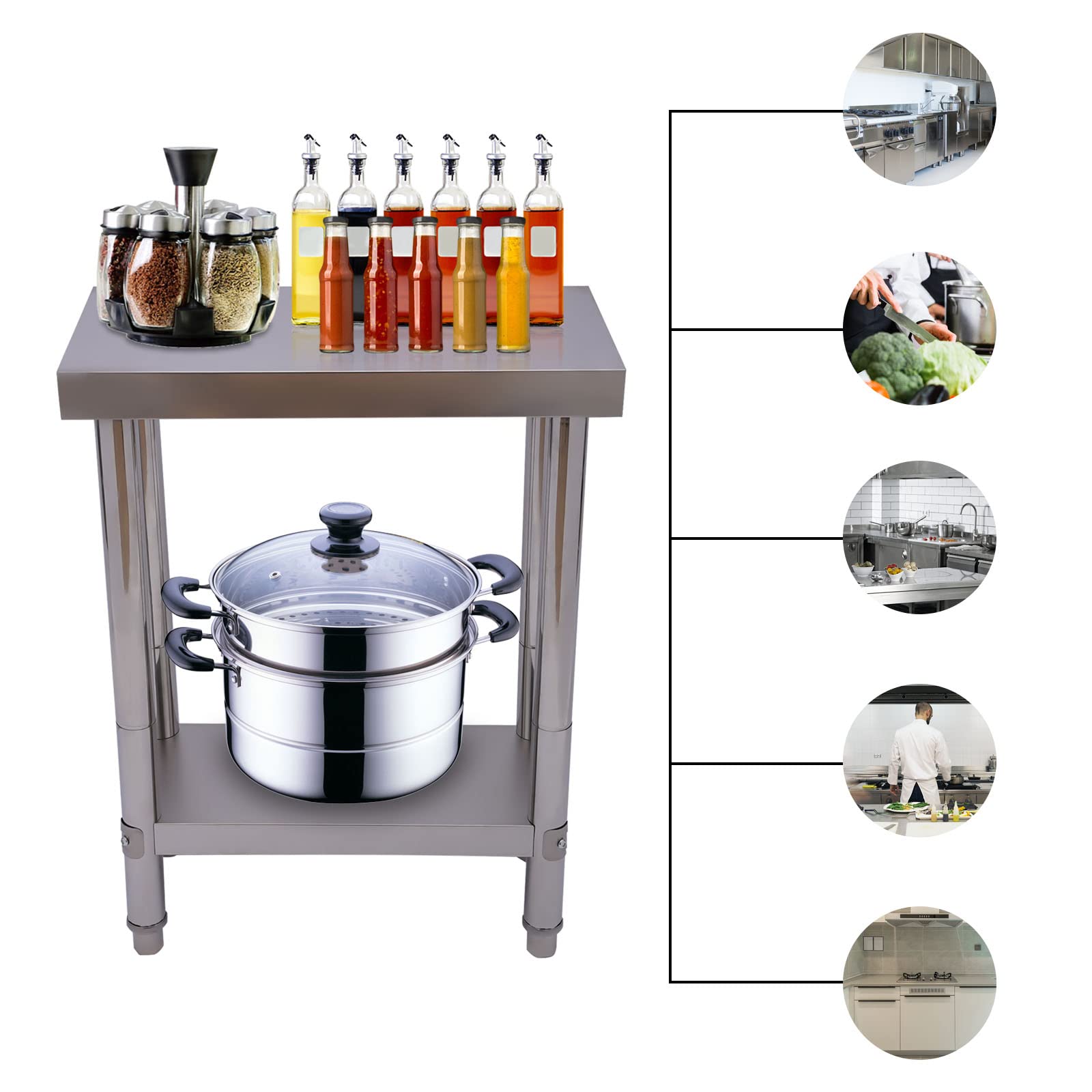 Tavolo da lavoro da cucina a 2 piani, in acciaio inox, per gastronomia, per cucina, hotel, panetterie, studi medici e caffetterie