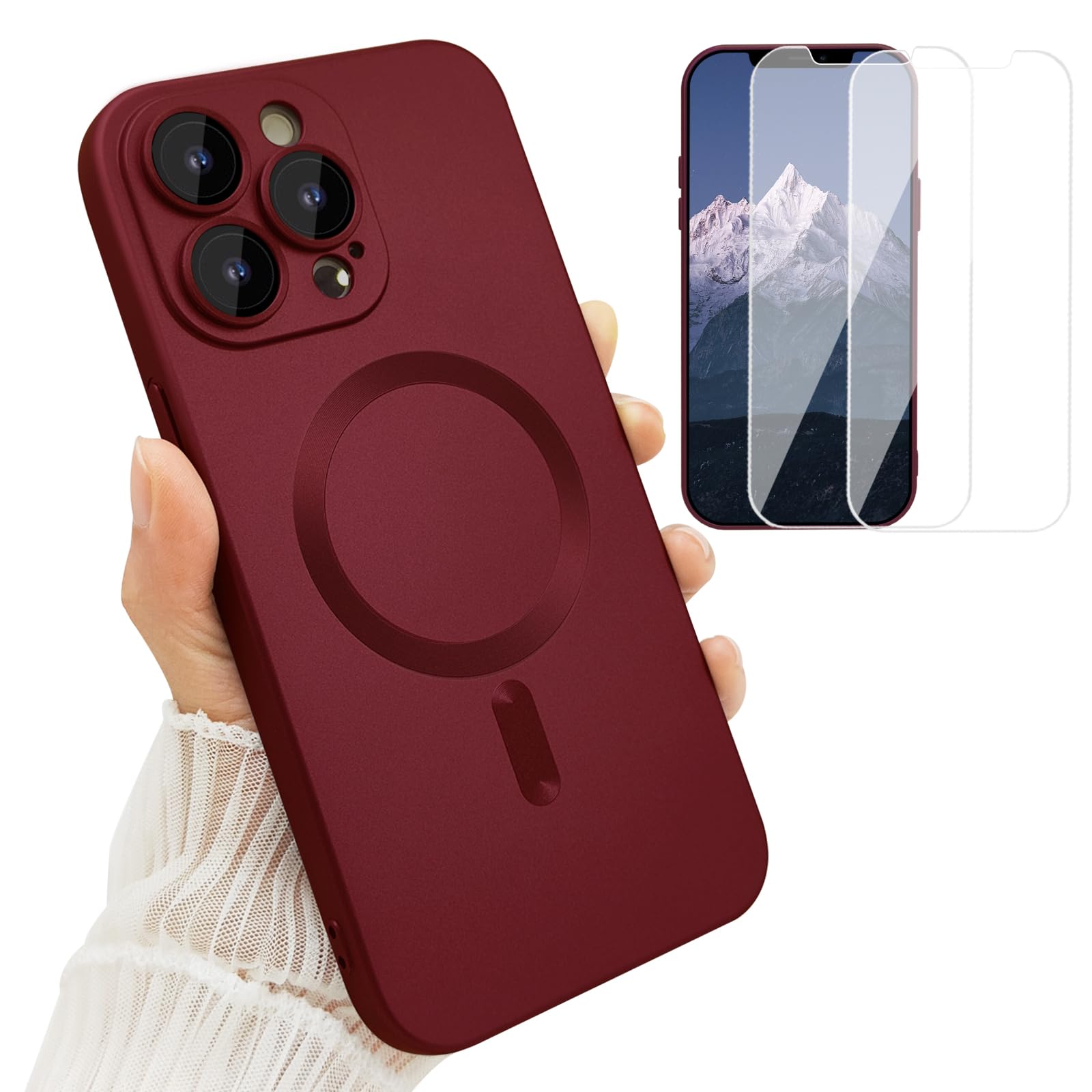 Magnetic Case for iPhone 13 Pro Max Phone Case for Women, [Compatible with MagSafe] Matte Soft Metallic Design with Lens Protectors and 2 Screen Protectors for iPhone 13 Pro Max 6.7"-Wine Red
