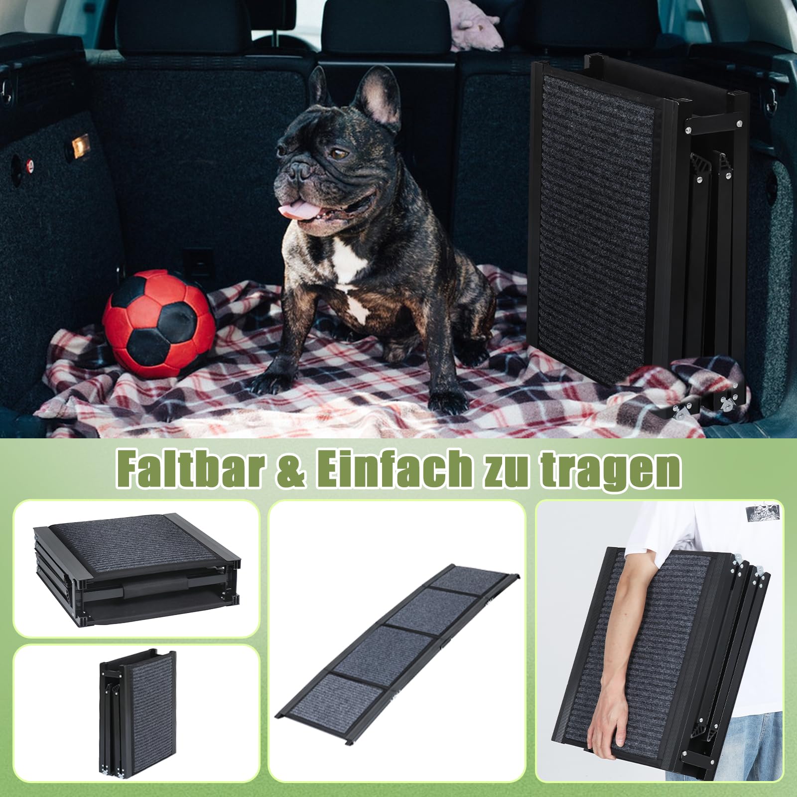 SMONTER 180cm Extra Long Hunderampe Auto klappbar mit High Traction Teppichoberfläch, einstiegshilfe Hunderampe für Autos, LKWs und SUV Stabil Rampe Hund für Große Und Mittel Hunde, Schwarz