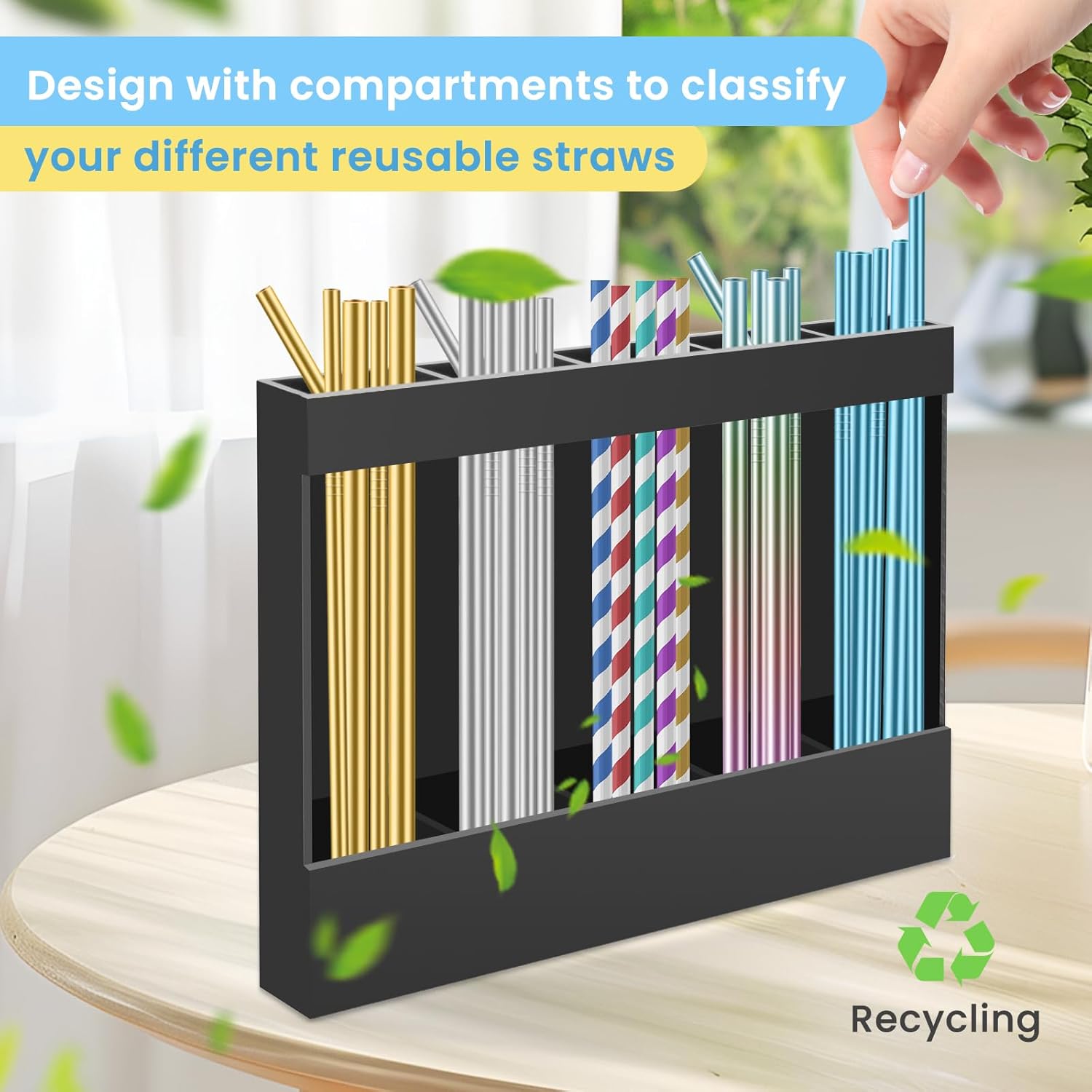 Acrylic Straw Holder for Cabinet, Reusable Straw Organizer with Double Sided Adhesive Tape Tumbler Straws Storage Container for Cupboard Drinking Straws Dispenser for Kitchen Counter (Black) - Image 7