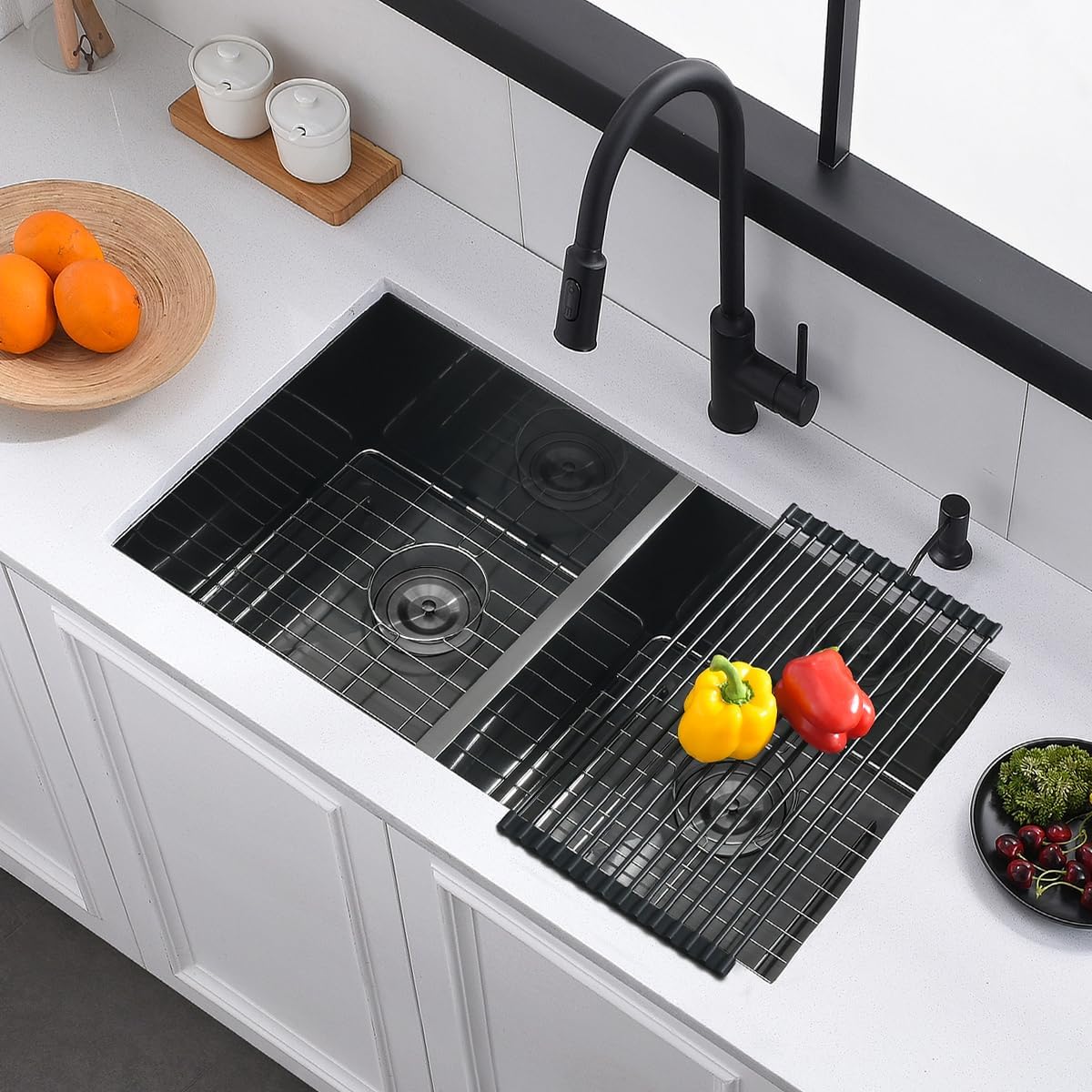33 Undermount Gunmetal Black Double Bowl Kitchen Sink, Luckyhorse 33x20x10 Inches Gunmetal Back Stainless Steel Undermount Double Bowl Kitchen Sink LH029SQ