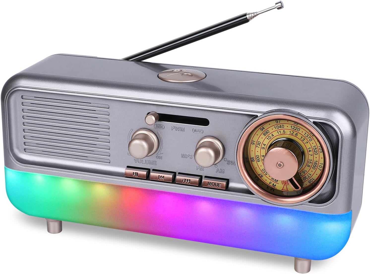 Retro Portable Radio AM FM SW Shortwave Radio with Colorful Ambient Light,Battery Operated,SUB Charging, TF Card(Dull Gold) silvery