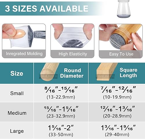 Miniatura 54 de Protectores de silicona y fieltro para patas de silla, protectores para pisos duros como madera (para patas de 0.9 a 1.29 pulgadas de diámetro), 24