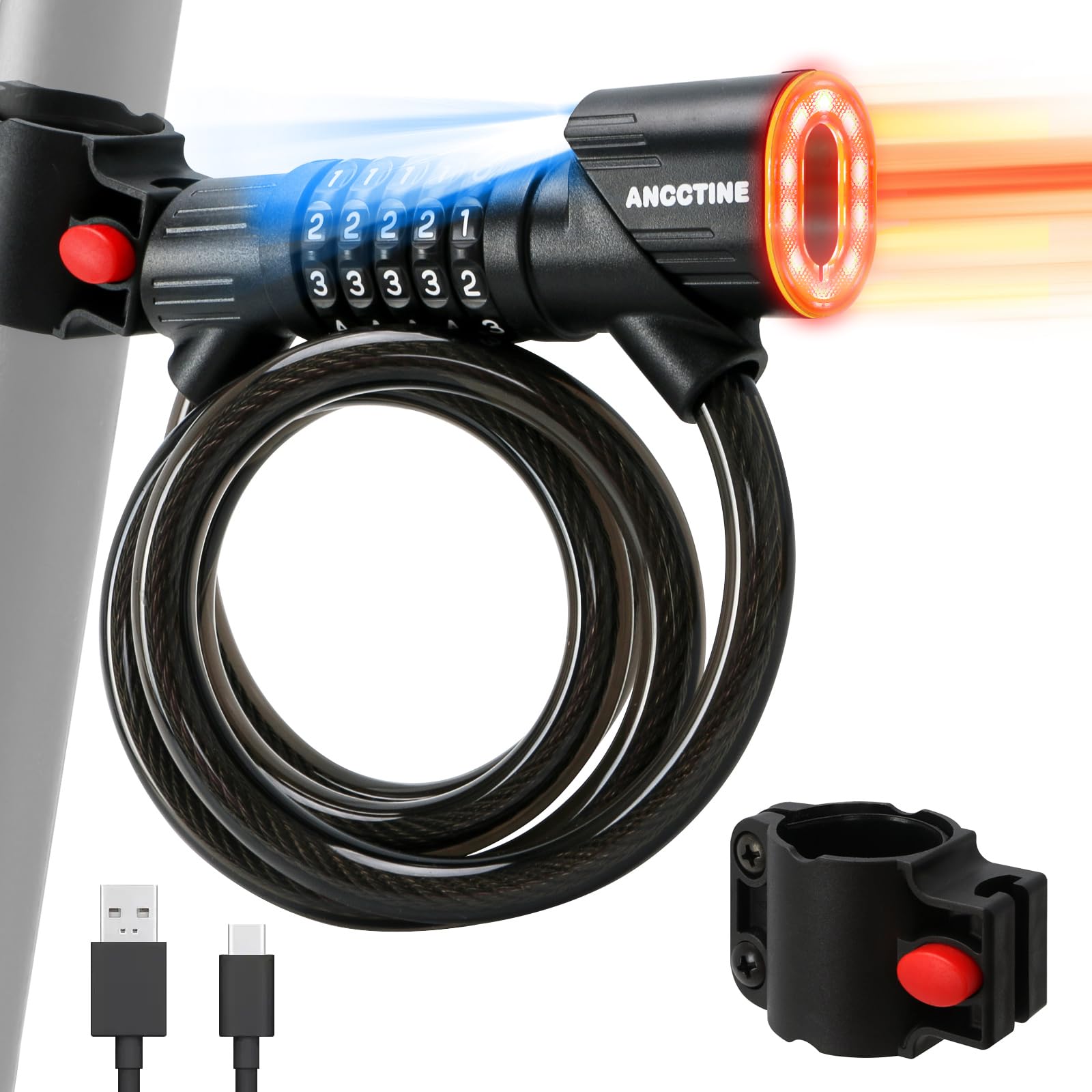 Combination Bike Lock Cable With Led Bike Tail Light Keypad