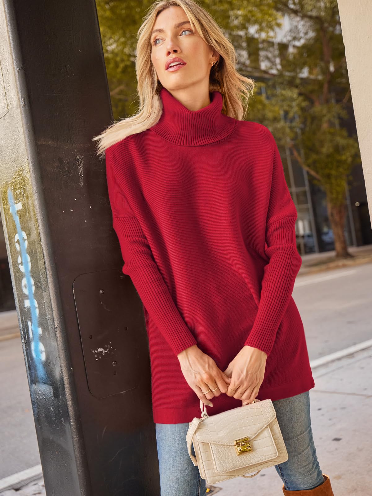LILLUSORY Damskie swetry oversize z golfem długi rękaw nietoperz rozlany brzeg tunika pulower dzianinowe topy, Czerwony, XL