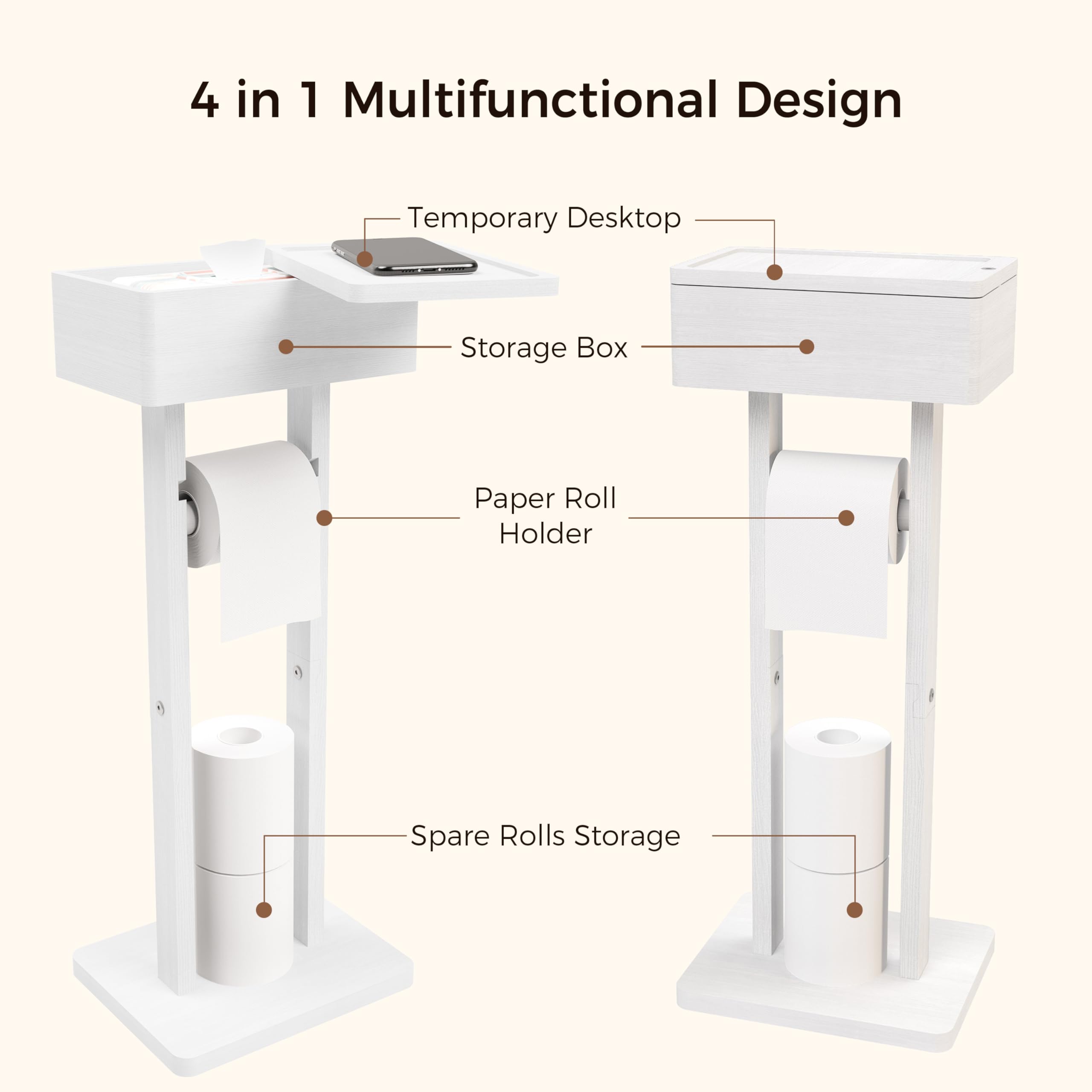 Wealone 4-in-1 White Toilet Paper Holder Stand with Storage Shelf Box, Bamboo Free Standing Toilet Tissue Roll - Image 2
