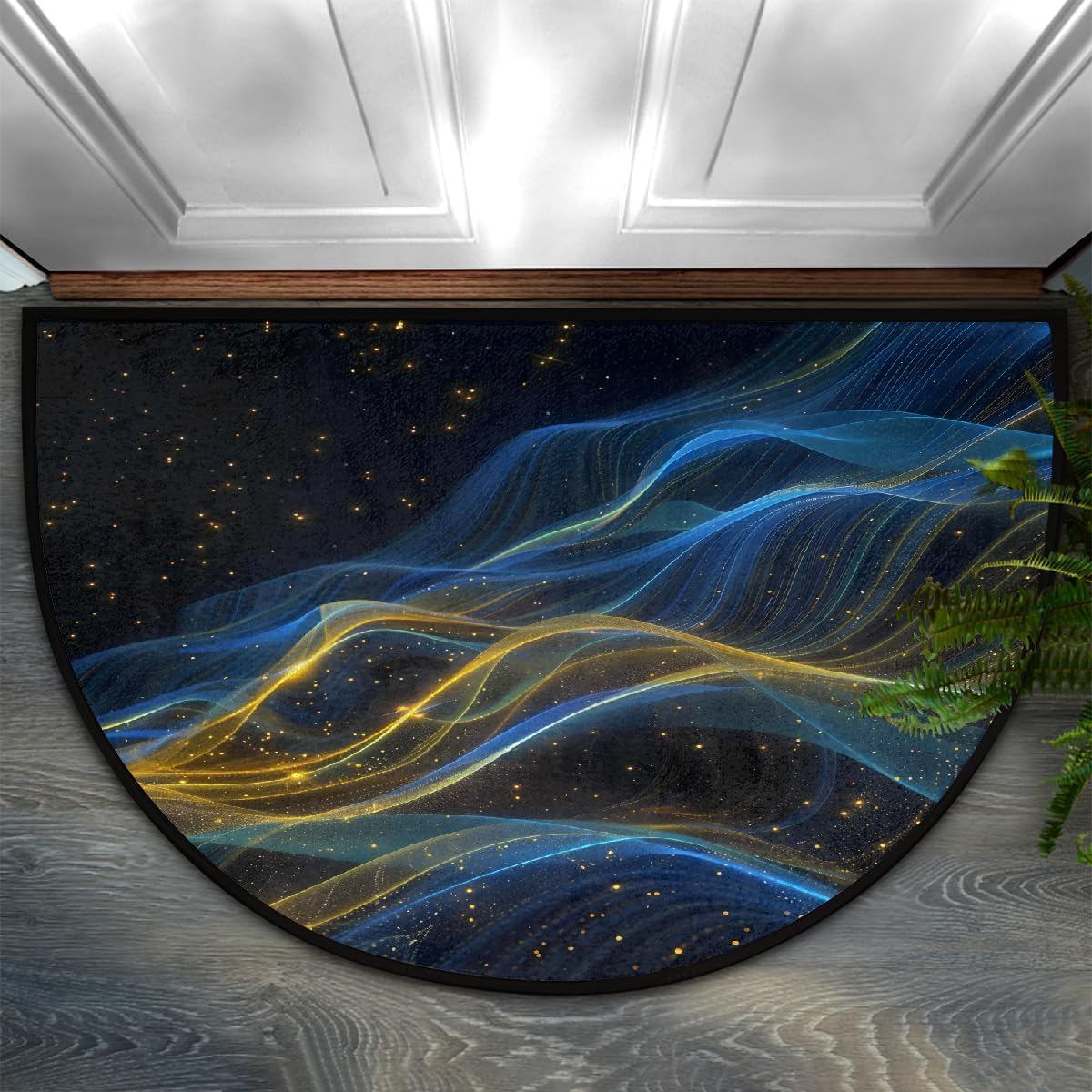 Half Round Door Mat Blue Yellow Abstract Half Moon Rug Washable Half Circle Area Rugs Indoor Entrance Non Slip Semi Circle Bathroom Rugs Floor Carpet for Kithen Bedroom Fireplace Decor