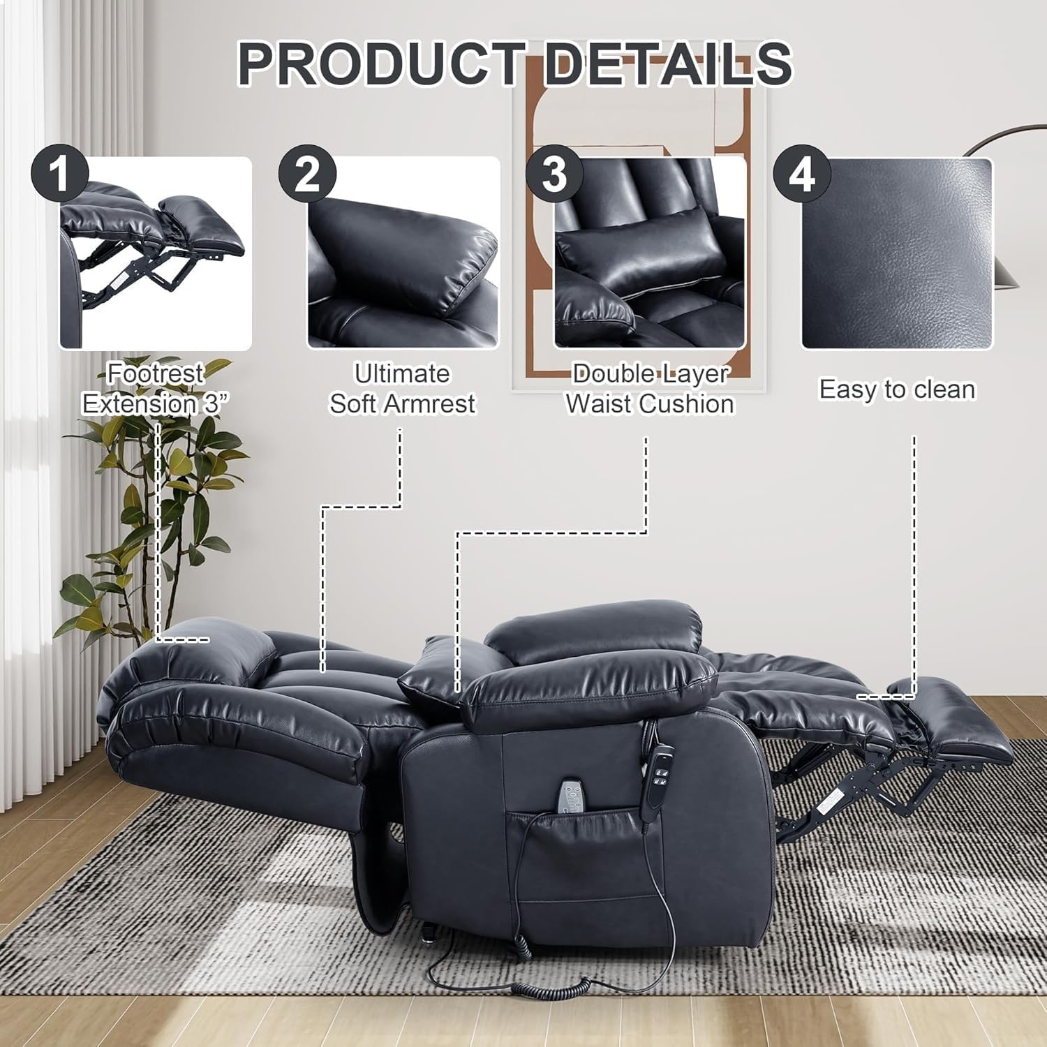 Electric Power Lift Recliner Chair for Elderly with Massage Heat and 2 Remote Controls Faux Leather Lift Chair with Side Pockets and USB Ports for Living Room Comfort