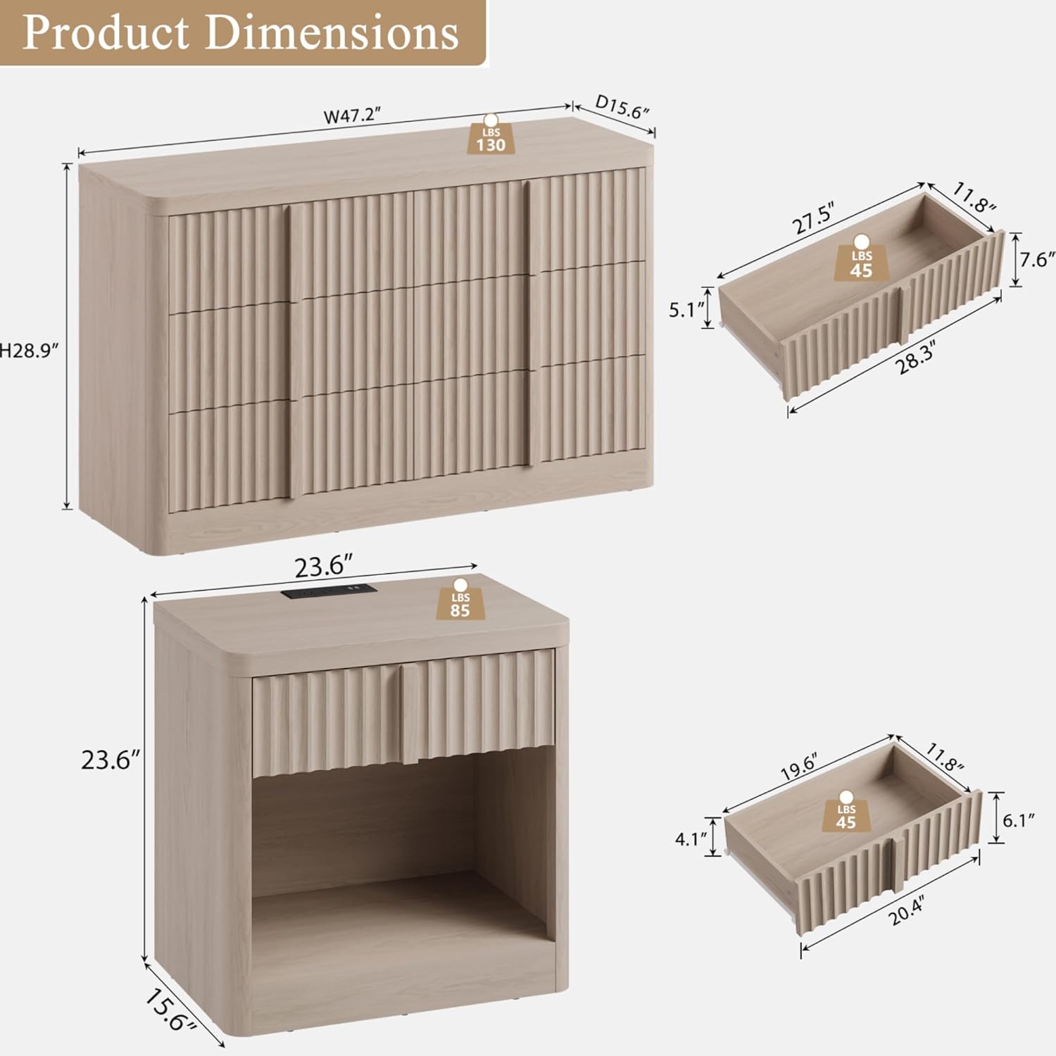 Product Dimensions for Harpaq Dresser and Nightstand