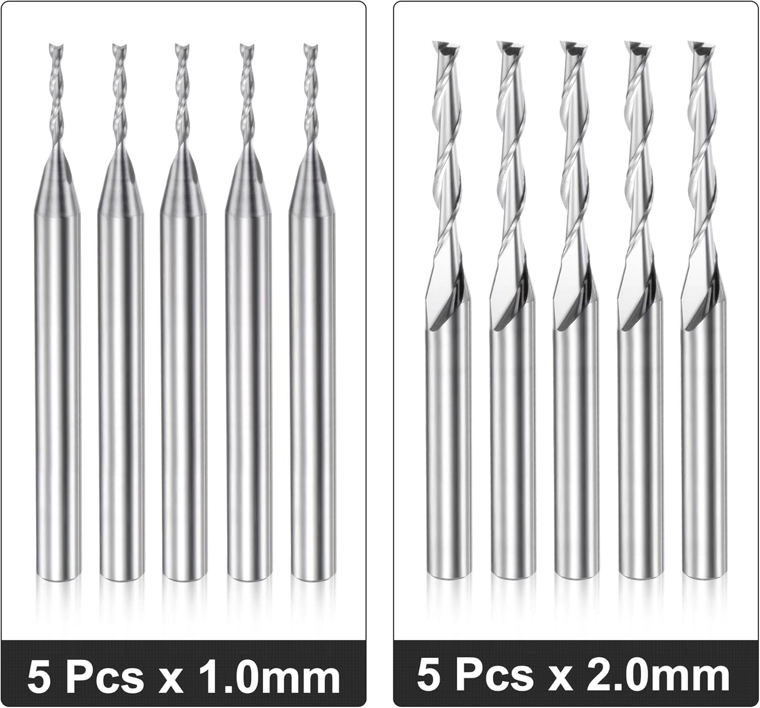 uxcell Spiral End Mill Cutter Set, 1/8" Shank 1.0 x 6mm 2.0 x 15mm, Solid Carbide Flat Nose Upcut Milling Cutter CNC Router Bits 2 Flute for Acrylic PVC MDF Hardwood 10pcs