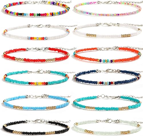 XIJIN Juego de 8 tobilleras de cuentas hechas a mano para mujeres y niñas, estilo bohemio y colorido, pulseras de tobillo ajustables